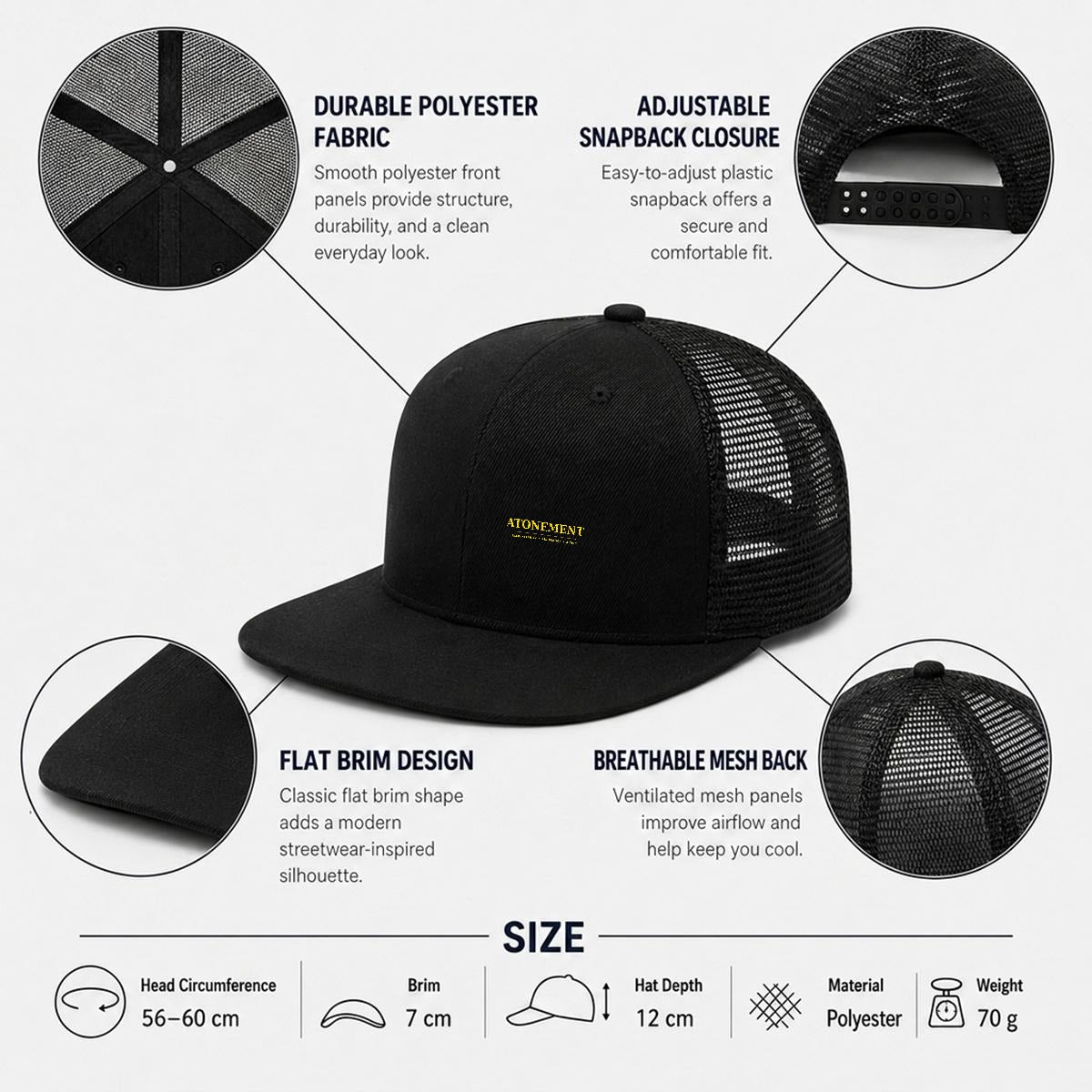 THE ATONEMENT Embroidery Flat-Brim Mesh Cap